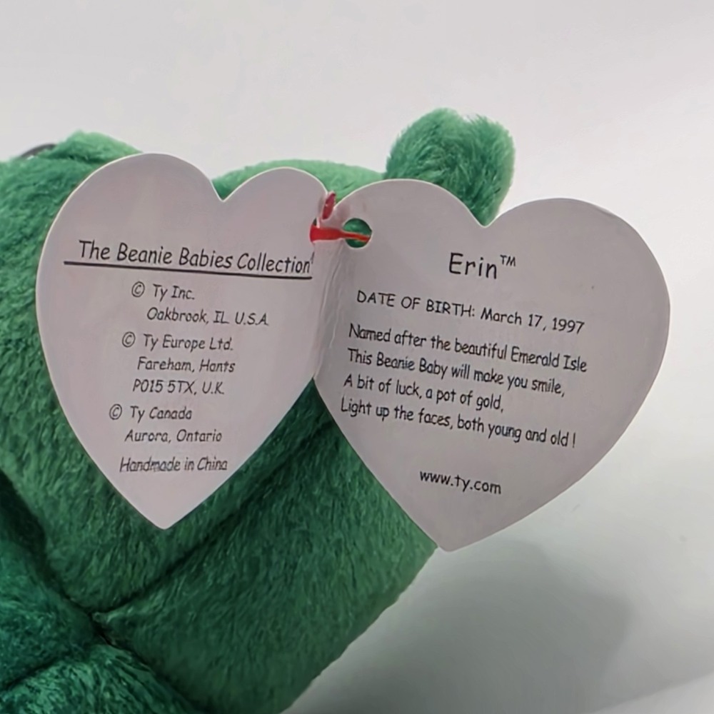 Ty Beanie Baby Erin the Irish Bear 1997 Retired Vintage Green Shamrock with Tags - Picture 10 of 12